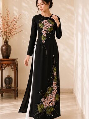 Handmade Vietnamese Ao Dai Black Embroidered Floral Beaded Dress Small